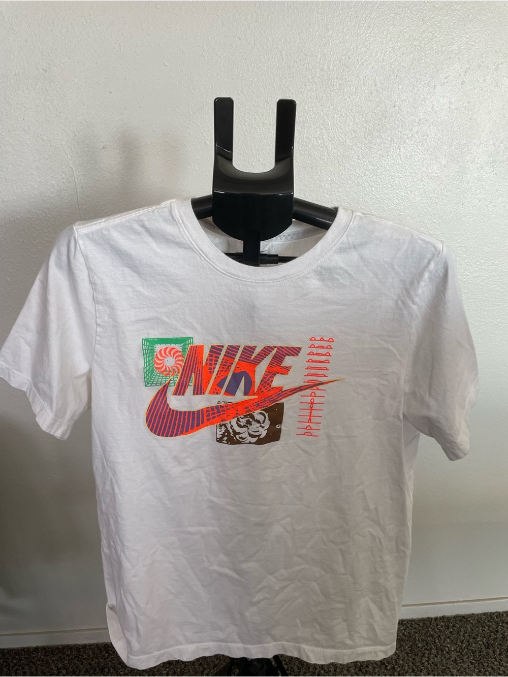 White Short Sleeve Tee with Multicolor Graphic